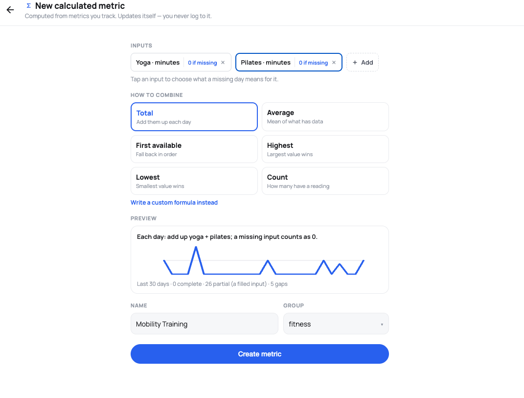 The calculated metric builder, showing Yoga and Pilates minutes as inputs combined with the Total recipe, a live preview chart, and coverage counts